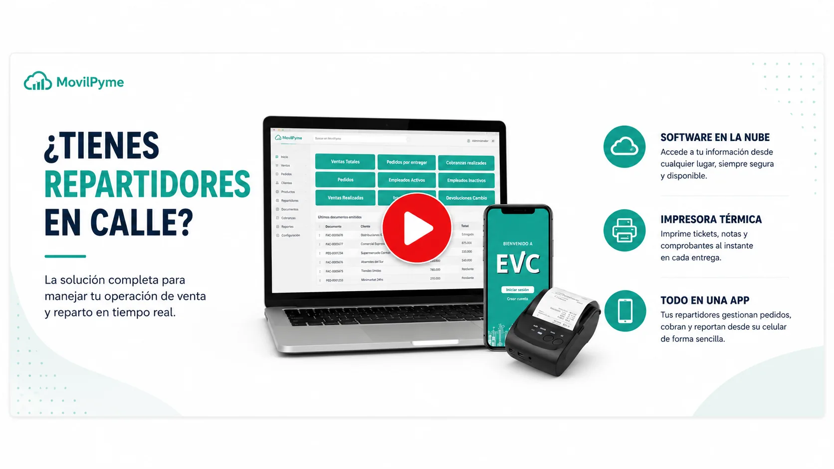 MovilPyme EVC para repartidores en calle: software en la nube, app móvil e impresora térmica